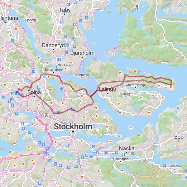 Kartminiatyr av "Grusvägar genom skog och vatten" cykelinspiration i Stockholm, Sweden. Genererad av Tarmacs.app cykelruttplanerare