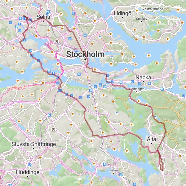 Map miniature of "Solna Gravel Loop" cycling inspiration in Stockholm, Sweden. Generated by Tarmacs.app cycling route planner