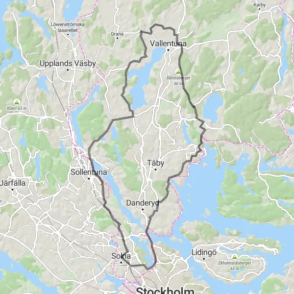 Map miniature of "Solna and Arninge Loop" cycling inspiration in Stockholm, Sweden. Generated by Tarmacs.app cycling route planner