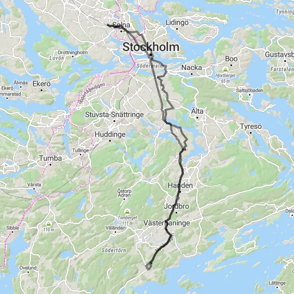 Map miniature of "Southern Stockholm Adventure" cycling inspiration in Stockholm, Sweden. Generated by Tarmacs.app cycling route planner