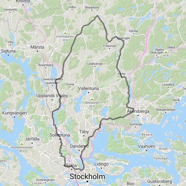 Map miniature of "Stockholm Hills" cycling inspiration in Stockholm, Sweden. Generated by Tarmacs.app cycling route planner