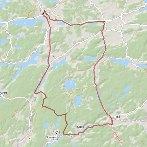 Kartminiatyr av "Rimbo - Rö grusvägsrunda" cykelinspiration i Stockholm, Sweden. Genererad av Tarmacs.app cykelruttplanerare