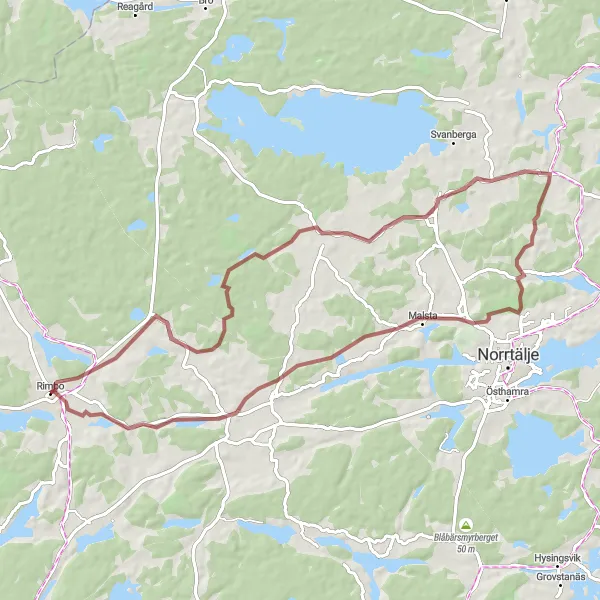 Kartminiatyr av "Rimbo - Estuna grusvägsrunda" cykelinspiration i Stockholm, Sweden. Genererad av Tarmacs.app cykelruttplanerare