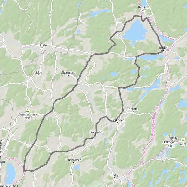 Map miniature of "Rimbo Touring Adventure" cycling inspiration in Stockholm, Sweden. Generated by Tarmacs.app cycling route planner