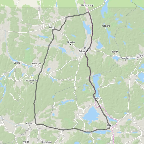 Map miniature of "Scenic Rimbo Loop" cycling inspiration in Stockholm, Sweden. Generated by Tarmacs.app cycling route planner