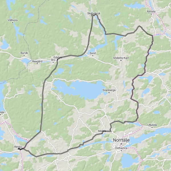 Map miniature of "Rimbo Road Explorer" cycling inspiration in Stockholm, Sweden. Generated by Tarmacs.app cycling route planner