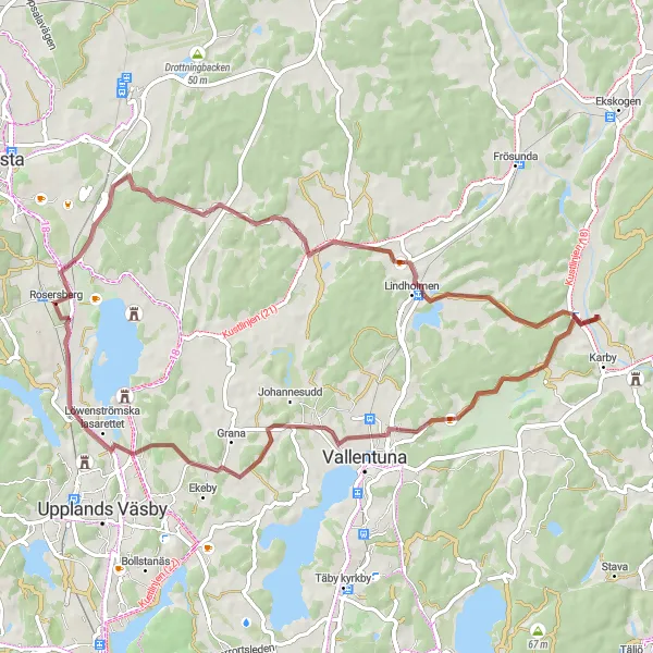 Map miniature of "Gravel Adventure: Rosersberg to Löwenströmska lasarettet" cycling inspiration in Stockholm, Sweden. Generated by Tarmacs.app cycling route planner