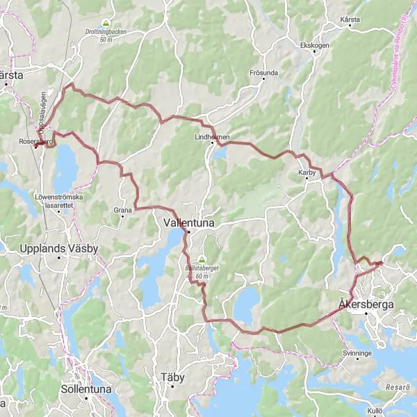 Map miniature of "Gravel Escape: Exploring the Wilderness near Rosersberg" cycling inspiration in Stockholm, Sweden. Generated by Tarmacs.app cycling route planner