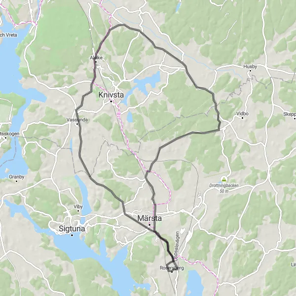 Map miniature of "Alsike Loop: Explore Hidden Gems Near Rosersberg" cycling inspiration in Stockholm, Sweden. Generated by Tarmacs.app cycling route planner