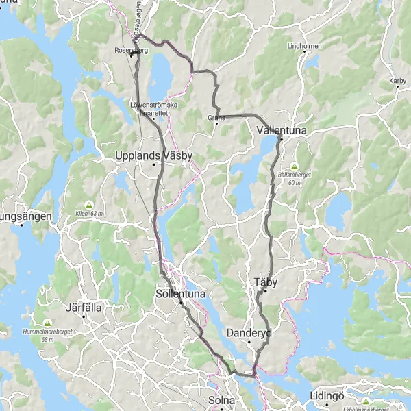 Map miniature of "Täby and Rosersberg Loop" cycling inspiration in Stockholm, Sweden. Generated by Tarmacs.app cycling route planner