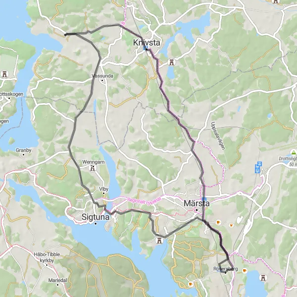 Kartminiatyr av "Vägcykling till Knivsta" cykelinspiration i Stockholm, Sweden. Genererad av Tarmacs.app cykelruttplanerare