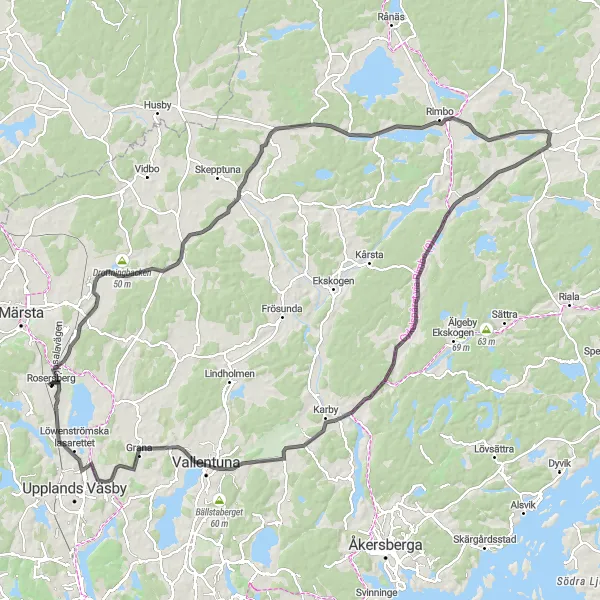 Kartminiatyr av "Upptäck vackra vyer längs Rosersberg loop" cykelinspiration i Stockholm, Sweden. Genererad av Tarmacs.app cykelruttplanerare