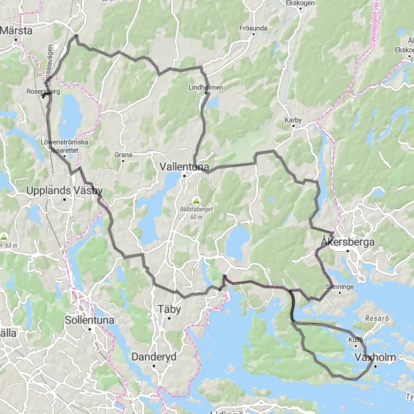Kartminiatyr av "Kustutflykt till Vaxholm" cykelinspiration i Stockholm, Sweden. Genererad av Tarmacs.app cykelruttplanerare