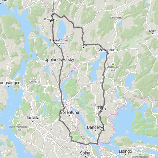 Kartminiatyr av "Rosersberg - Norrviken cykeltur" cykelinspiration i Stockholm, Sweden. Genererad av Tarmacs.app cykelruttplanerare