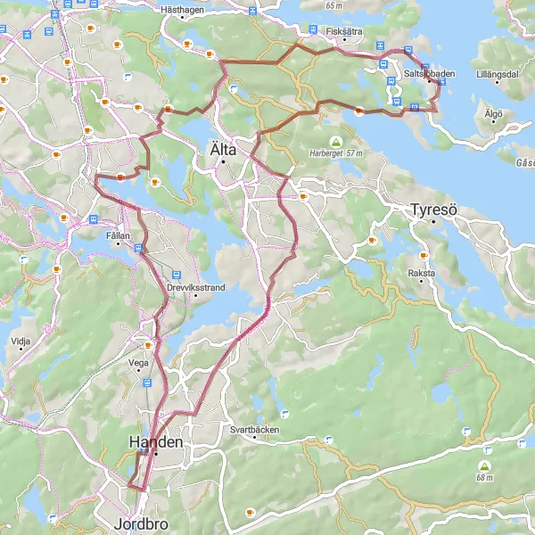 Kartminiatyr av "Äventyrlig Grusvägslang nära Saltsjöbaden" cykelinspiration i Stockholm, Sweden. Genererad av Tarmacs.app cykelruttplanerare