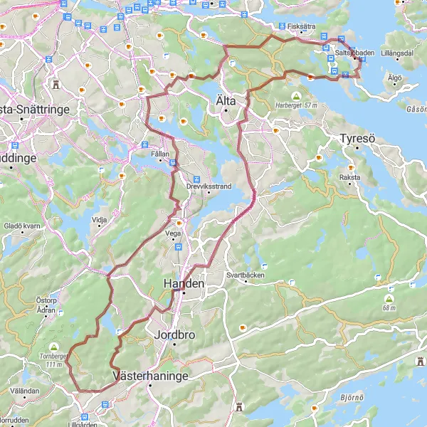 Map miniature of "Saltsjöbaden-Trollbäcken-Handen-Skogs Ekeby-Trångsund-Fisksätra" cycling inspiration in Stockholm, Sweden. Generated by Tarmacs.app cycling route planner