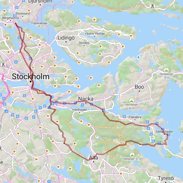 Kartminiatyr av "Naturskön Grusvägstur nära Saltsjöbaden" cykelinspiration i Stockholm, Sweden. Genererad av Tarmacs.app cykelruttplanerare