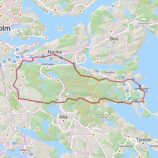 Kartminiatyr av "Kortare grusvägstur nära Saltsjöbaden" cykelinspiration i Stockholm, Sweden. Genererad av Tarmacs.app cykelruttplanerare