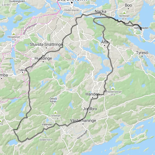 Kartminiatyr av "Upplevelserik Vägtur nära Saltsjöbaden" cykelinspiration i Stockholm, Sweden. Genererad av Tarmacs.app cykelruttplanerare