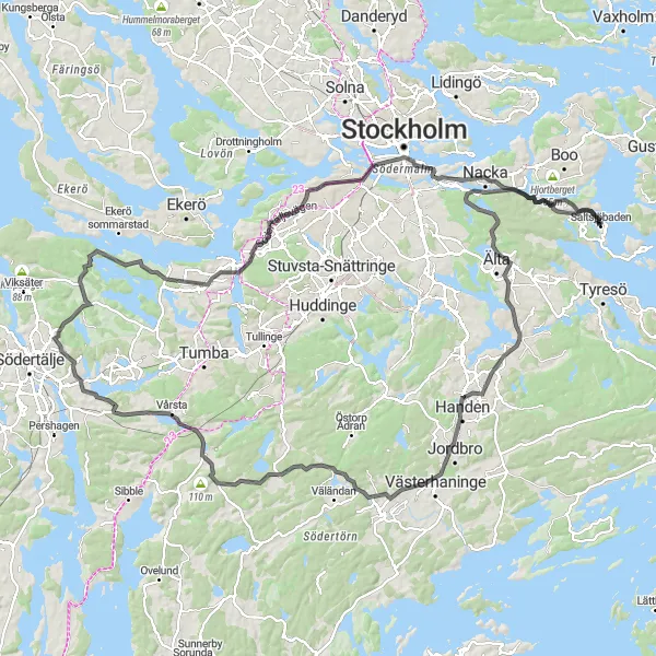 Map miniature of "Saltsjöbaden-Duvnäsberget-Hellasgården-Trollbäcken-Handen-Skogs Ekeby-Vårsta-Vällinge-City view-Aspudden-Fåfängan" cycling inspiration in Stockholm, Sweden. Generated by Tarmacs.app cycling route planner