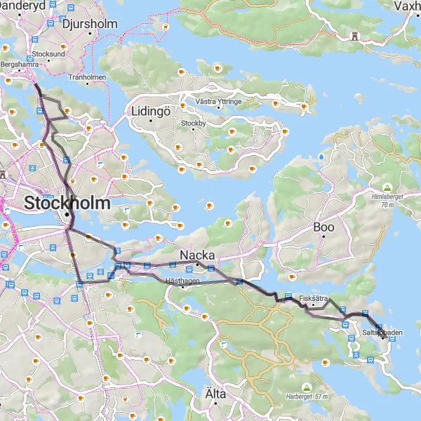 Kartminiatyr av "Kort Vägutflykt nära Saltsjöbaden" cykelinspiration i Stockholm, Sweden. Genererad av Tarmacs.app cykelruttplanerare