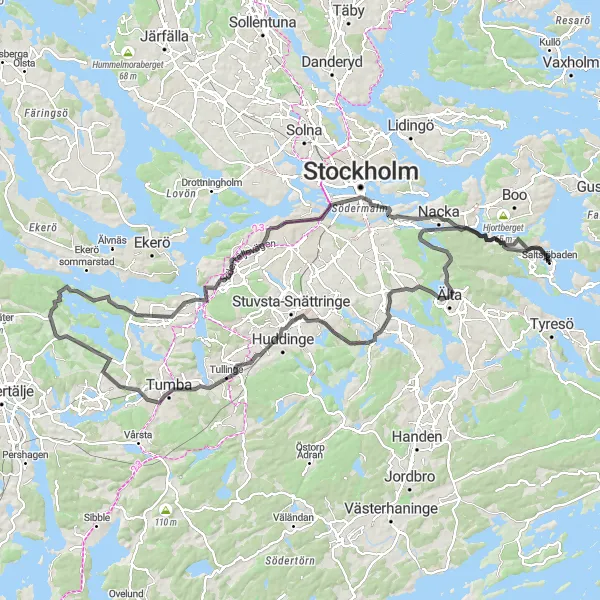 Kartminiatyr av "Spännande Väglön nära Saltsjöbaden" cykelinspiration i Stockholm, Sweden. Genererad av Tarmacs.app cykelruttplanerare