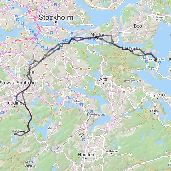 Map miniature of "Saltsjöbaden-Storängen-Finnberget-Sturebyhöjden-Örby-Gladö kvarn-Sjödalen-Fullersta-Utsiktspunkt-Skyview-Östervik" cycling inspiration in Stockholm, Sweden. Generated by Tarmacs.app cycling route planner