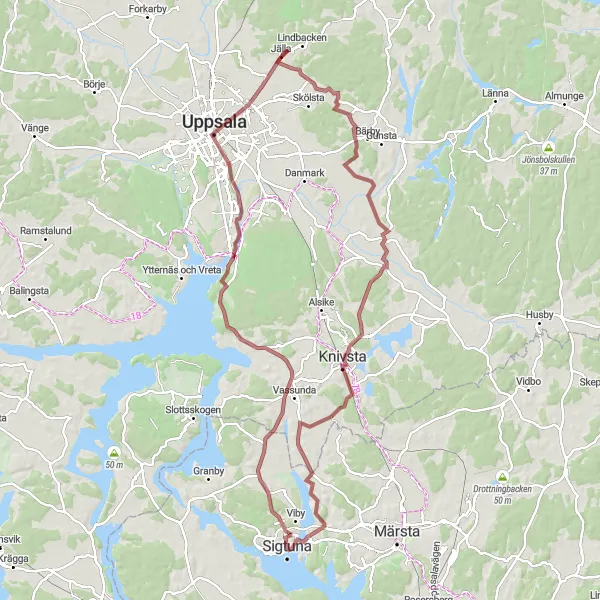 Map miniature of "Discovering Sigtuna's Gravel Paths" cycling inspiration in Stockholm, Sweden. Generated by Tarmacs.app cycling route planner