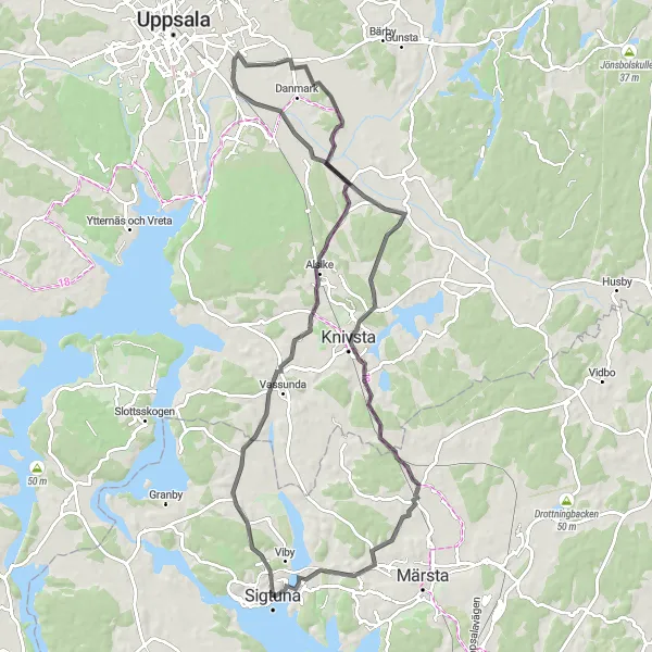 Map miniature of "Sigtuna to S:t Olofs kyrkoruin Loop" cycling inspiration in Stockholm, Sweden. Generated by Tarmacs.app cycling route planner