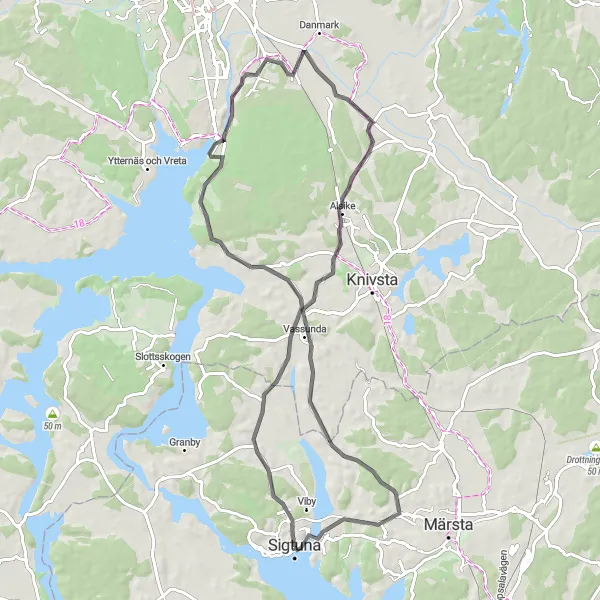 Map miniature of "S:t Olofs kyrkoruin to Sigtuna Loop" cycling inspiration in Stockholm, Sweden. Generated by Tarmacs.app cycling route planner