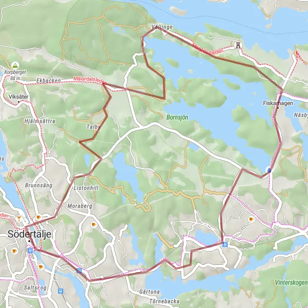 Kartminiatyr av "Grusvägar runt Södertälje" cykelinspiration i Stockholm, Sweden. Genererad av Tarmacs.app cykelruttplanerare