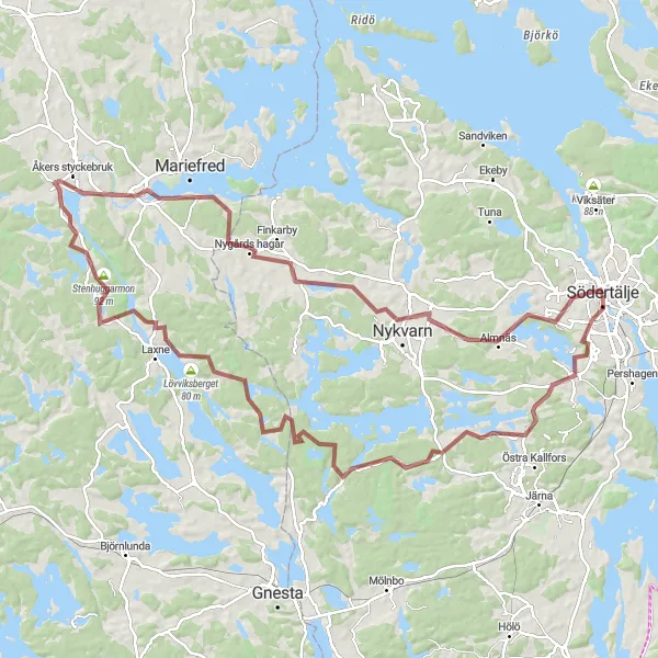 Map miniature of "Scenic Gravel Ride through Nykvarn and Saltskog" cycling inspiration in Stockholm, Sweden. Generated by Tarmacs.app cycling route planner