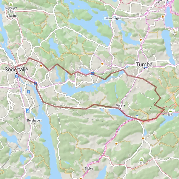 Kartminiatyr av "Kort Grusväg från Södertälje" cykelinspiration i Stockholm, Sweden. Genererad av Tarmacs.app cykelruttplanerare