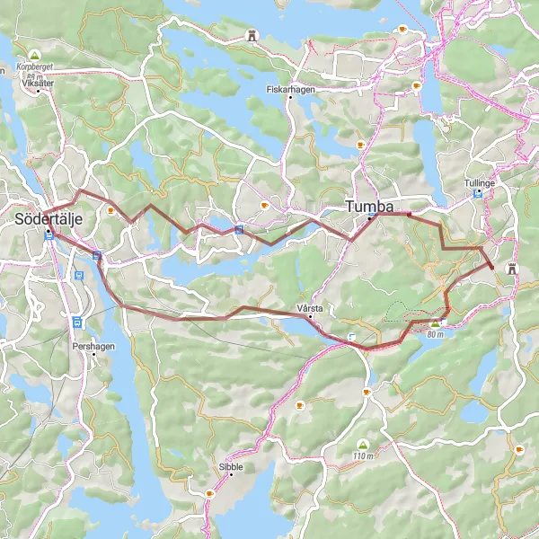 Map miniature of "Picturesque Ride to Östertälje" cycling inspiration in Stockholm, Sweden. Generated by Tarmacs.app cycling route planner