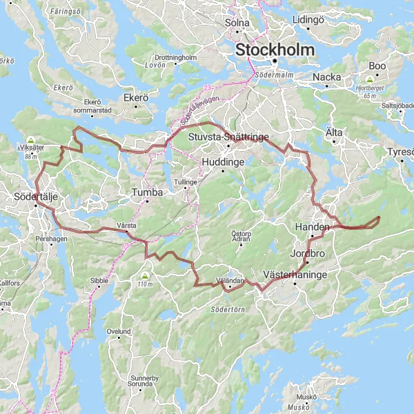 Kartminiatyr av "Södertälje till Östertälje Gravel Ride" cykelinspiration i Stockholm, Sweden. Genererad av Tarmacs.app cykelruttplanerare