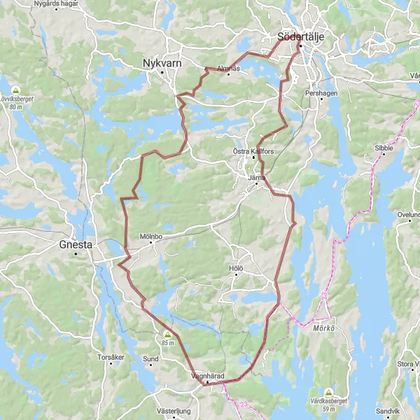 Map miniature of "Järna to Bommersvik Gravel Excursion" cycling inspiration in Stockholm, Sweden. Generated by Tarmacs.app cycling route planner