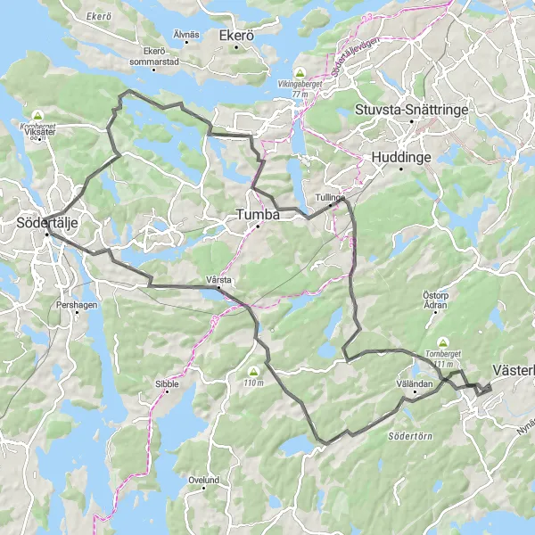 Kartminiatyr av "Sörmlands natursköna vägar" cykelinspiration i Stockholm, Sweden. Genererad av Tarmacs.app cykelruttplanerare