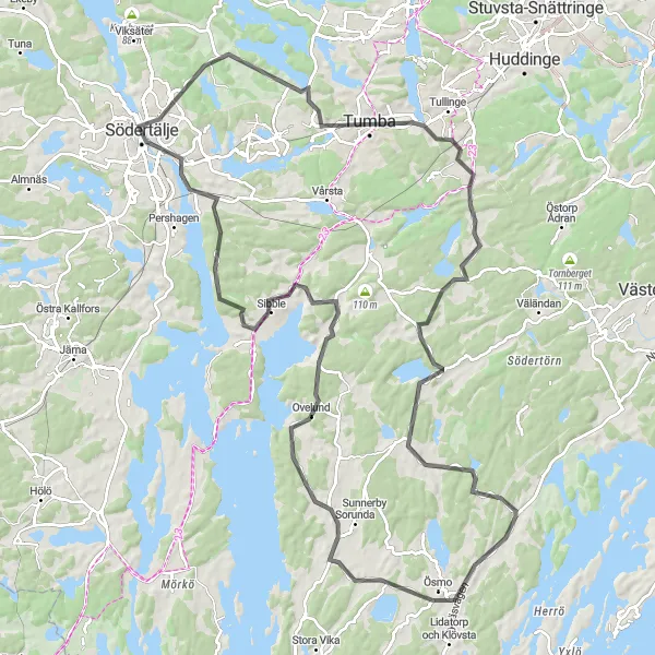 Map miniature of "Ösmo Loop via Grödby and Brink" cycling inspiration in Stockholm, Sweden. Generated by Tarmacs.app cycling route planner