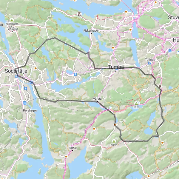 Kartminiatyr av "Runt Södertälje och Östertälje" cykelinspiration i Stockholm, Sweden. Genererad av Tarmacs.app cykelruttplanerare