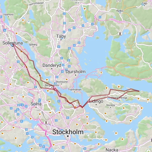 Kartminiatyr av "Grusvägsäventyr i Sollentuna" cykelinspiration i Stockholm, Sweden. Genererad av Tarmacs.app cykelruttplanerare