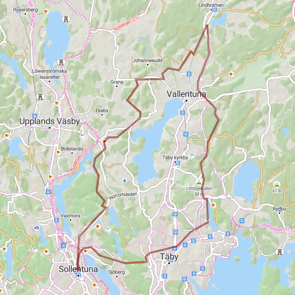 Map miniature of "Scenic Gravel Ride through Sollentuna and Surrounding Areas" cycling inspiration in Stockholm, Sweden. Generated by Tarmacs.app cycling route planner