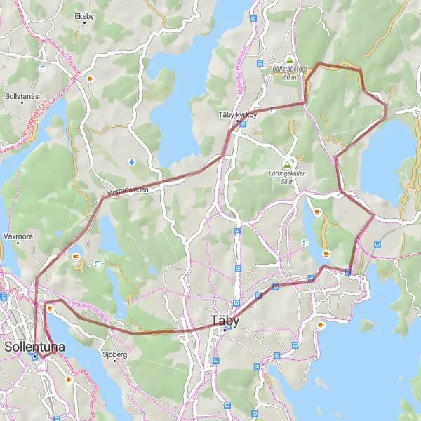 Kartminiatyr av "Sollentuna - Täby - Edsbergs Palace på grusväg" cykelinspiration i Stockholm, Sweden. Genererad av Tarmacs.app cykelruttplanerare