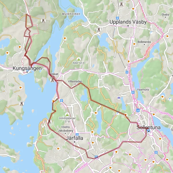 Map miniature of "Picturesque Gravel Ride to Kallhäll and Kungsängen" cycling inspiration in Stockholm, Sweden. Generated by Tarmacs.app cycling route planner