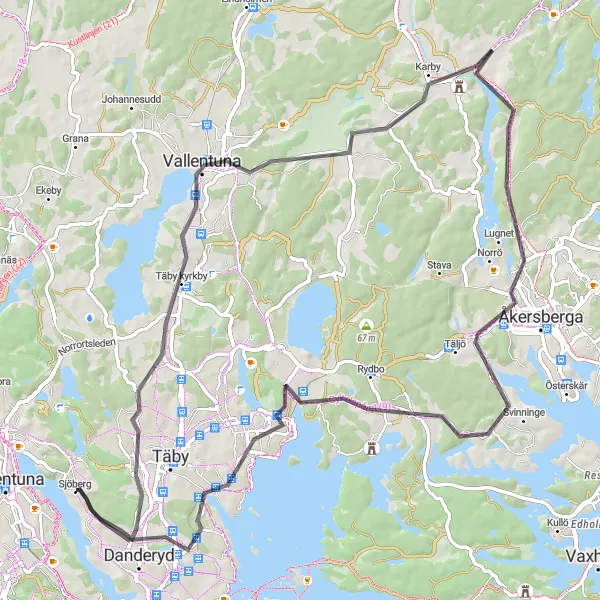 Kartminiatyr av "Stockholms förorter på landsväg" cykelinspiration i Stockholm, Sweden. Genererad av Tarmacs.app cykelruttplanerare