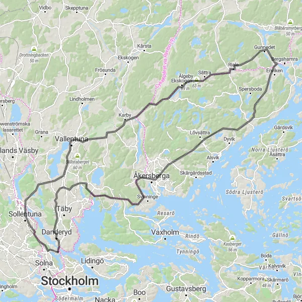 Map miniature of "Grand Tour of Sollentuna" cycling inspiration in Stockholm, Sweden. Generated by Tarmacs.app cycling route planner