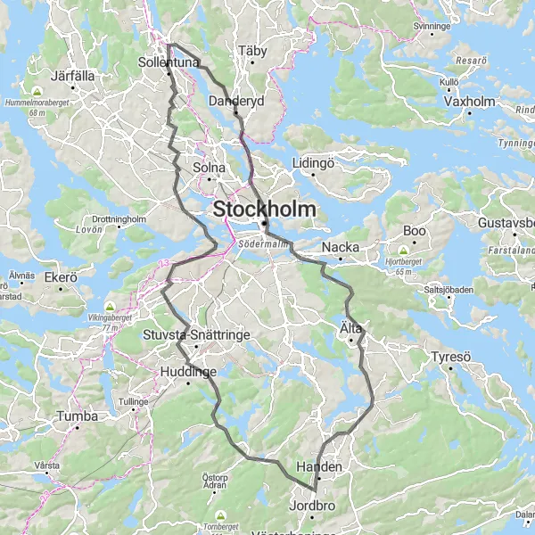 Map miniature of "Epic Road Cycling Adventure to Handen and Danderyd" cycling inspiration in Stockholm, Sweden. Generated by Tarmacs.app cycling route planner