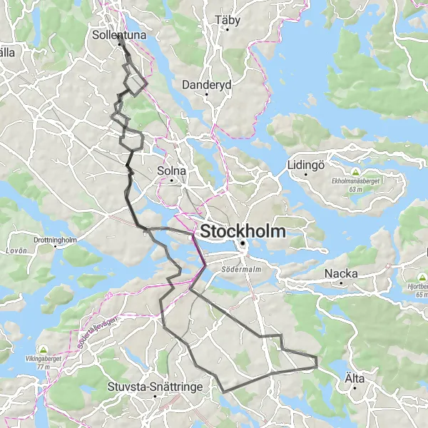 Map miniature of "Challenging Road Cycling Adventure through Sundbyberg and Älvsjö" cycling inspiration in Stockholm, Sweden. Generated by Tarmacs.app cycling route planner