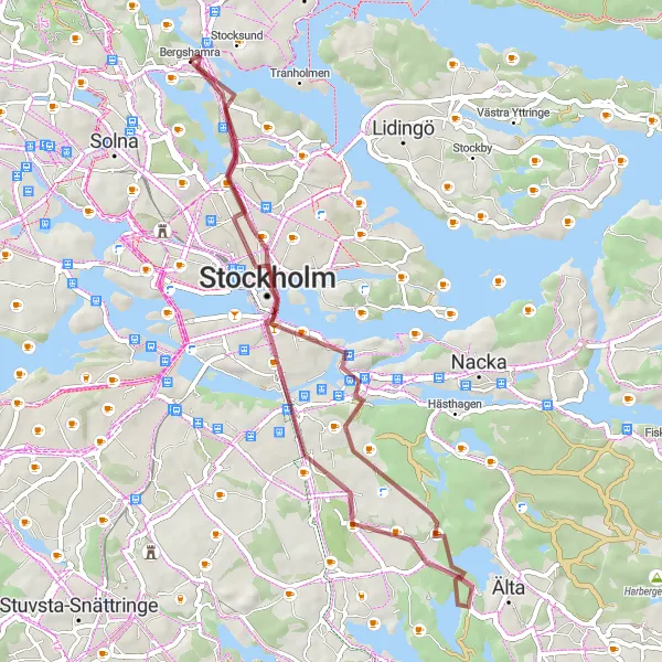 Map miniature of "SolnaGravelLoop" cycling inspiration in Stockholm, Sweden. Generated by Tarmacs.app cycling route planner