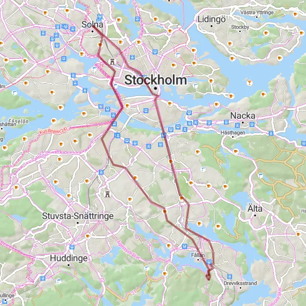 Map miniature of "Gravel Adventure in Stockholm" cycling inspiration in Stockholm, Sweden. Generated by Tarmacs.app cycling route planner