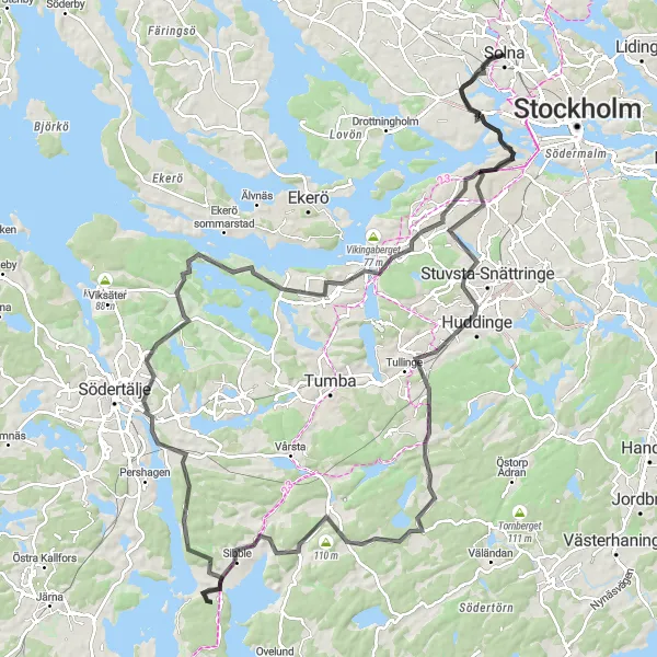 Map miniature of "Challenging Ride to Norsborg" cycling inspiration in Stockholm, Sweden. Generated by Tarmacs.app cycling route planner
